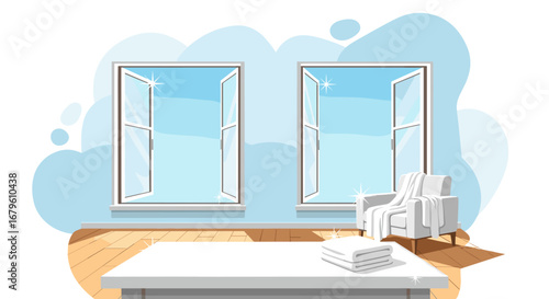 Two open windows in a room with a table and a chair.