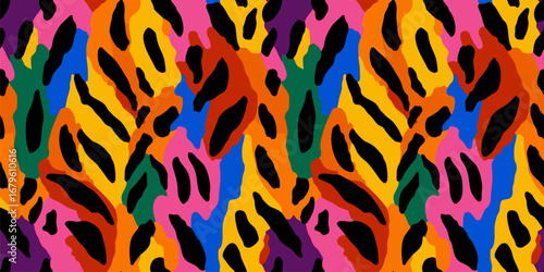 Abstract vector seamless pattern with bright colorful animal print. Tropical exotic jungle background with spots, organic shapes. Modern patchwork background texture. Repeating trendy funky design