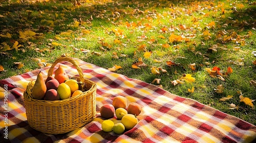 Autumn Picnic Basket with Fruit on Plaid Blanket Outdoors