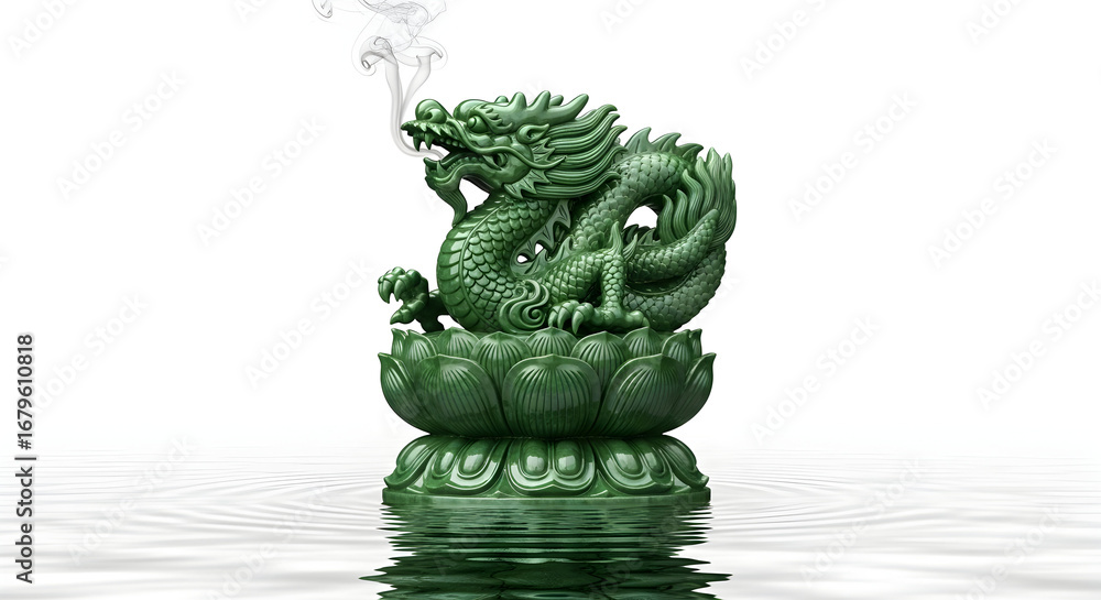 Obraz premium Green jade dragon incense burner on white background — ornamental mythic sculpture, Asian feng shui centerpiece, stylized smoking dragon