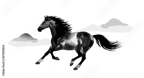Dynamic black horse galloping with flowing mane and tail.