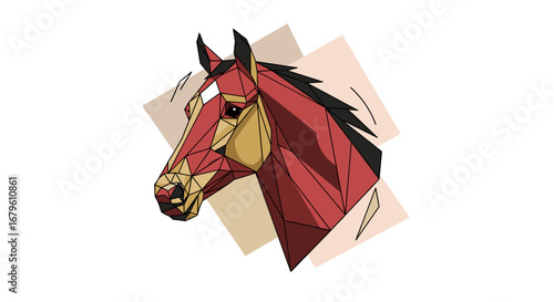 Striking geometric horse head illustration in vibrant colors.