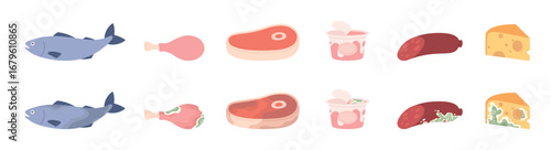 Fresh and spoiled food. Protein meat dairy and fish products with mold. Farm raw fish, steak, yogurt, cheese. Cartoon isolated dairy, vector clipart