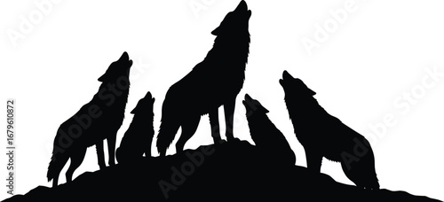 Howling wolf pack silhouette on hill, wild animal vector illustration, black wolves howling together, forest wildlife scene for nature artwork