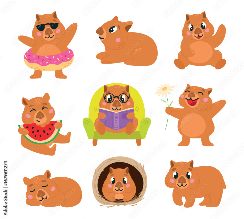 Fototapeta premium Cartoon cute wombat. Funny wombats different poses. Isolated wild animal reading eat watermelon sleeping swimming. Children mascots, classy vector set