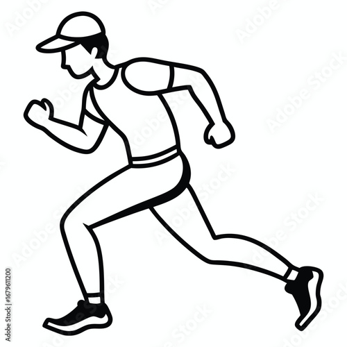 Dynamic line art illustration of a male runner in motion wearing athletic apparel and a baseball cap