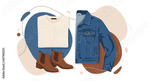 Stylish Autumn Outfit with Denim Jacket, Cream Sweater, and Brown Boots.