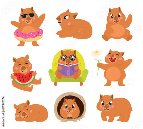 Cartoon cute wombat. Funny wombats different poses. Isolated wild animal reading eat watermelon sleeping swimming. Children mascots, classy vector set