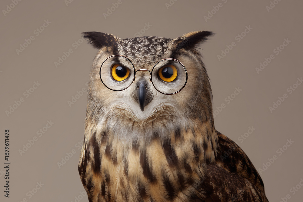 Fototapeta premium Owl wearing glasses poses for a charming portrait indoors