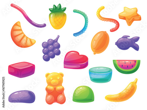Cartoon jelly candies. Sweet gummies, fruit juice gummy different shapes. Candy pineapple worms heart fish bear banana, nowaday vector set