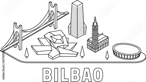 Bilbao Cityscape Isometric Vector Illustration with Famous Landmarks and City Name