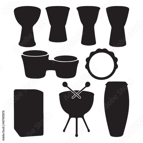 Black silhouette bundle of traditional percussion instruments including djembe bongo tambourine cajon and conga