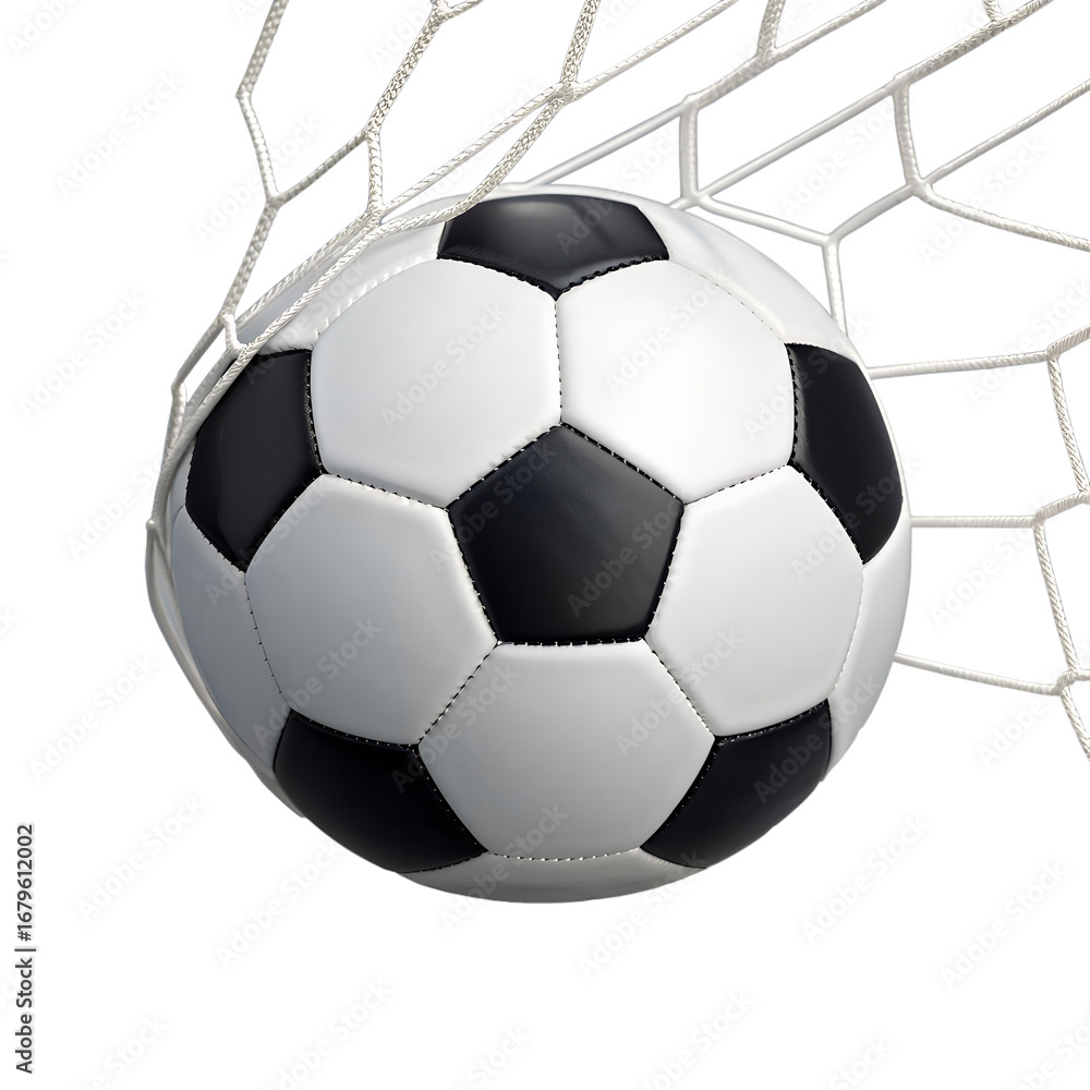 Naklejka premium Classic black and white soccer ball caught in a white net against a dark background isolated on transparent background