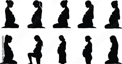 Pregnant women pure black silhouette illustration showing different maternity poses, expecting mothers, motherhood, and prenatal care on white background vector design.