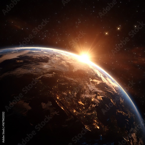 the earth with the sun shining over it, viewed from space. the planet is blue, and the sky around it is black. there are stars in view.