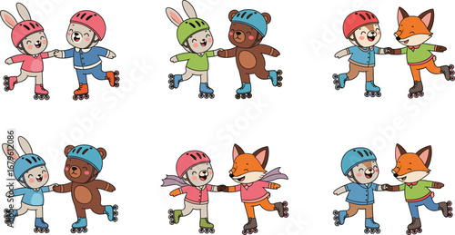 Roller Skating Cartoon Animals – Fun Vector Set Featuring Bunny, Bear, Fox Characters Promoting Friendship, Activity, and Safety for Kids Design