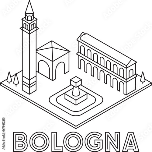 Bologna Italy Isometric Landmark Vector Illustration with Buildings and Fountain Design