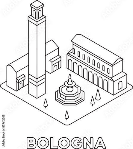 Bologna Italy Isometric Landmark Vector Illustration with Fountain and Buildings Design