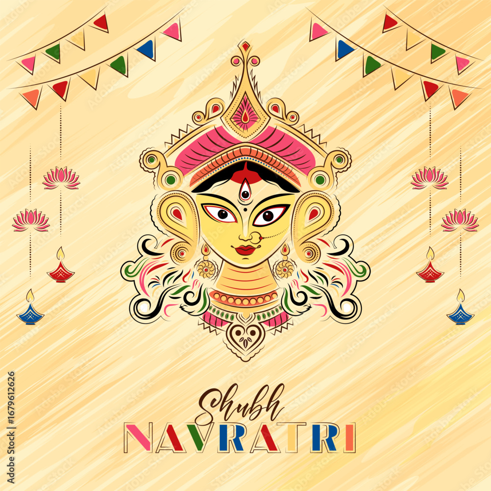 shubh navratri indian festival green bokeh background and goddes durga face illustration