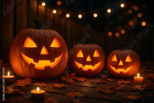 Wallpaper Mural Three glowing jack o lanterns illuminate a spooky halloween night with festive lights Torontodigital.ca