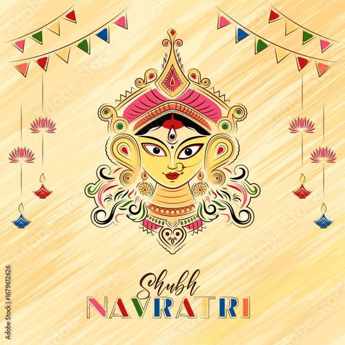 shubh navratri indian festival green bokeh background and goddes durga face illustration