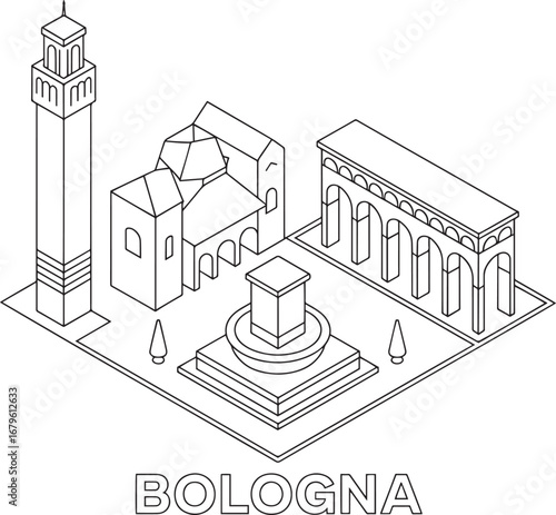 Bologna Italy Isometric Landmark Vector Illustration with Towers and Buildings Design