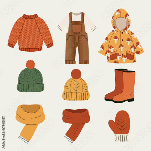 Autumn collection of children's clothing and accessories.
Cozy warm wardrobe for babies.