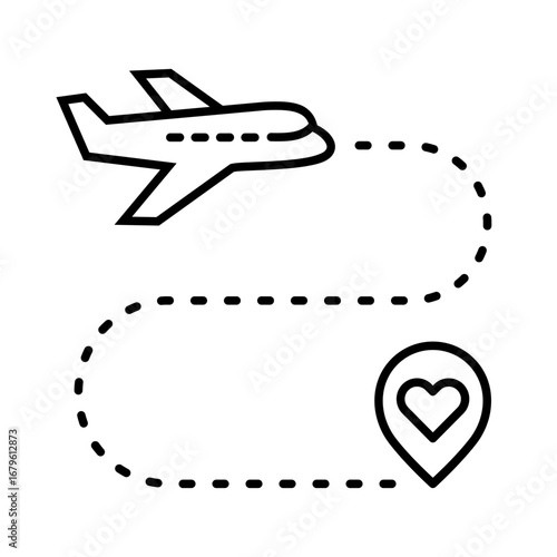 Airplane path with heart map pin line icon. Travel and love journey. Dotted path toward a location pin with a heart. romantic trips, destination weddings, tourism, and adventure. Vector illustration. 