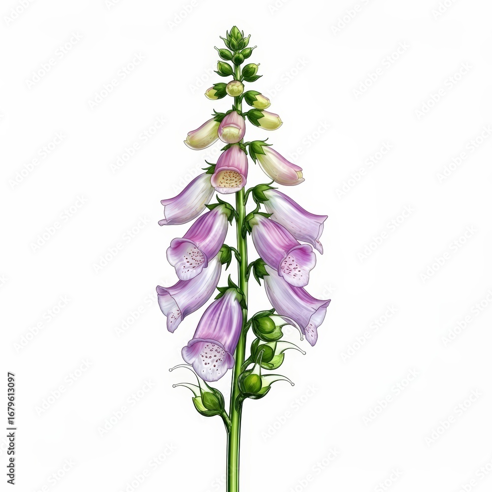 Obraz premium digitalis flower illustration with delicate lilac blooms and intricate spotted details for botanical designs isolated on white background