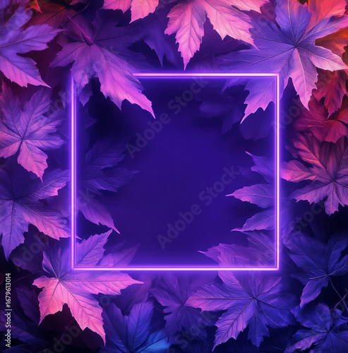 Vibrant Autumn Leaves With Neon Frame in Rich Colors Showcasing Seasonal Beauty.