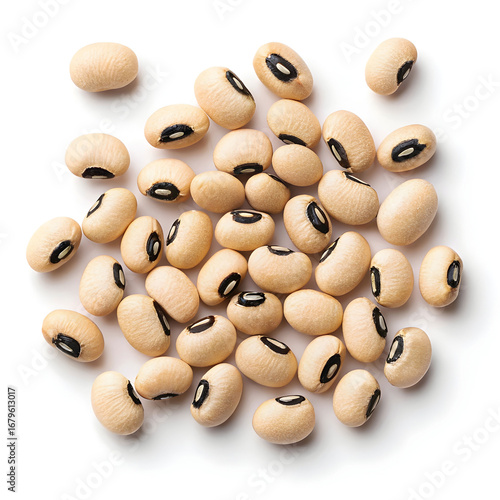 Dried black-eyed peas displayed on a plain white background, ideal for food packaging, nutrition labels,