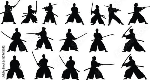 Silhouette vector collection of samurai martial artists with katana sword in traditional poses, ideal for combat, dojo, Japanese culture, and design projects.