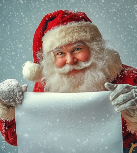 Santa Claus Holds a Blank List While Smiling in a Snowy Winter Setting During...