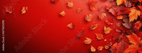 Vibrant Autumn Leaves Scattered Against a Bold Red Background During the Fall...