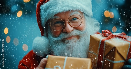 Cheerful Santa Claus Holding Gifts Amidst Falling Snow During the Holiday Season