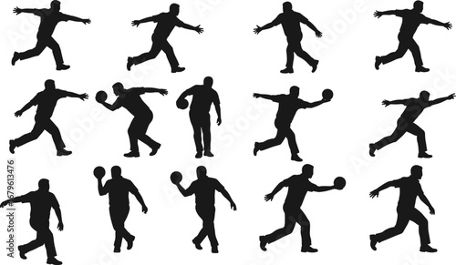 Silhouette vector set of men playing bowling, throwing ball, and striking poses, perfect for sports, activity icons, or motion illustration design