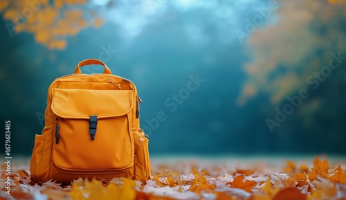 Bright Yellow Backpack Surrounded by Colorful Autumn Leaves on a Blue Backgro...