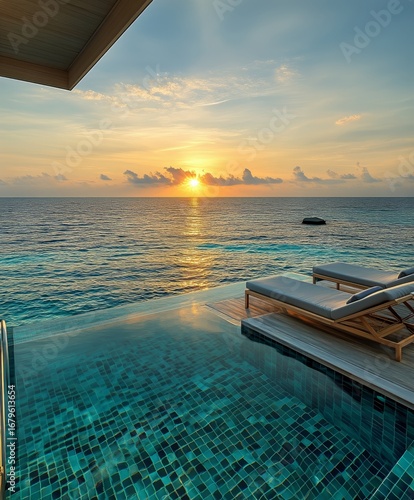 Luxurious Beachfront Villa With Infinity Pool at Sunset Overlooking Calm Ocea...