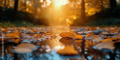 Autumn Leaves Reflect in Water During Sunset in a Serene Forest