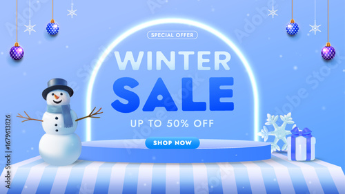 Festive Winter Sale Banner with Snowman and Decorative Elements