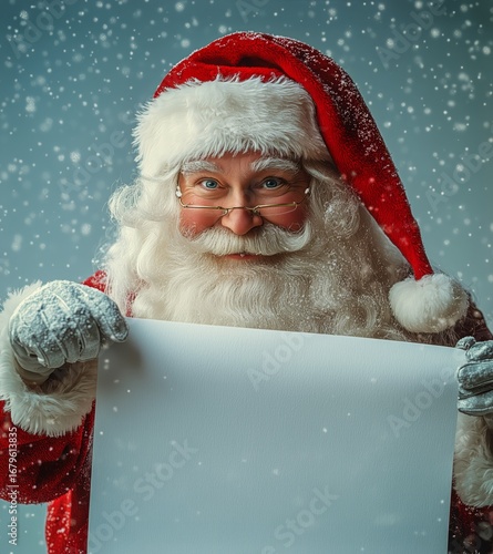 Santa Claus Holds a Blank List While Smiling in a Snowy Winter Setting During...