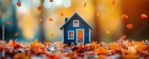 Miniature Wooden House Surrounded by Vibrant Autumn Leaves in a Forest Setting.