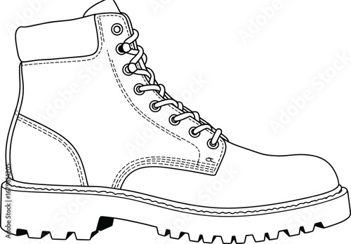 Work boot vector illustration, detailed hiking shoe outline drawing, heavy-duty footwear design, lace-up boot graphic, outdoor gear element, black line art
