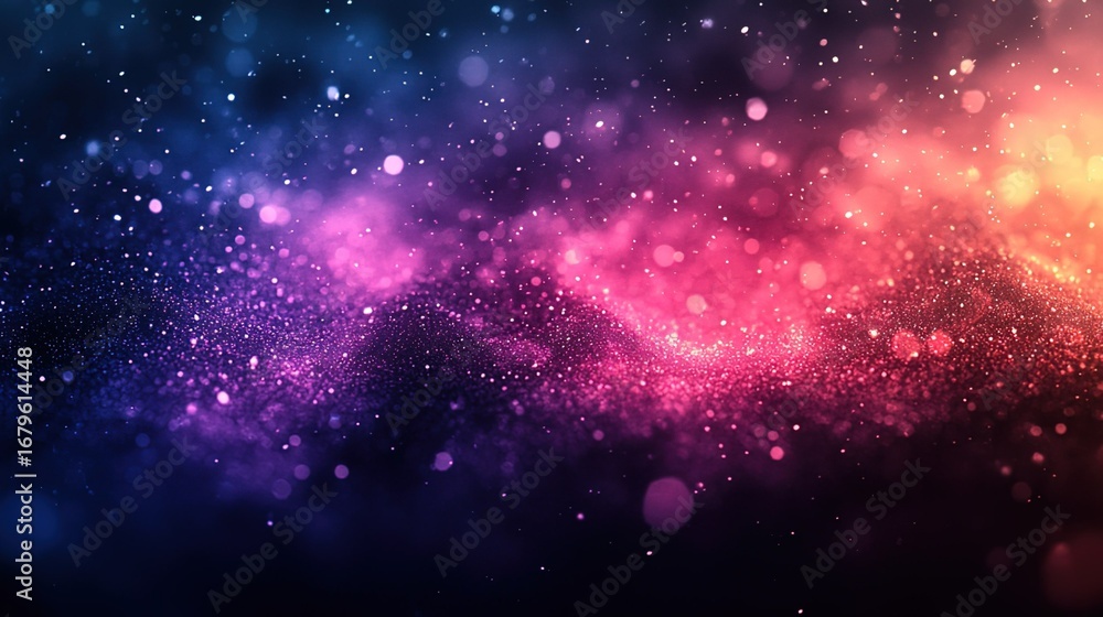 Fototapeta premium Abstract Background with Blurred Bokeh and Sparkling Particles in Gradient Colors of Blue, Purple, and Orange 