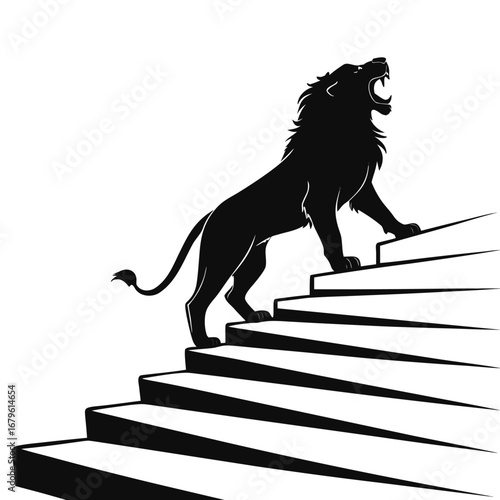 Lion roaring on spiral steps silhouette