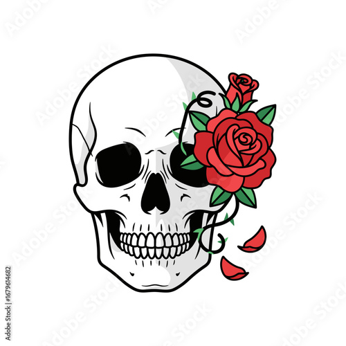 A realistic skull adorned with a vibrant red rose and entwined vines, symbolizing life and death