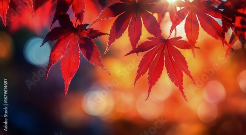 Vibrant Red Maple Leaves in Autumn Sunlight Illuminating a Serene Park Experi...