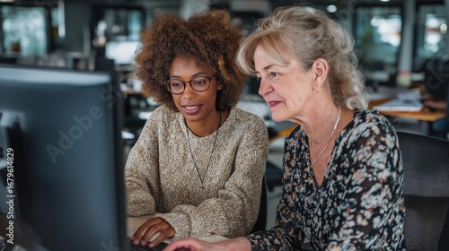 Two women share knowledge and skills at a computer Their teamwork reflects a supportive learning environment in a professional setting