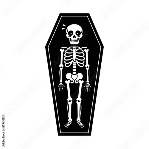 A cartoon skeleton with a startled expression rests inside an open black coffin, a spooky and humorous illustration