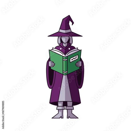 Wizard Reading Magic Book, Isolated Character Illustration